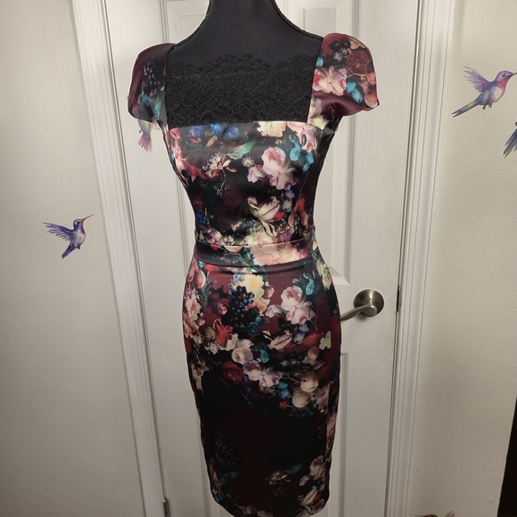 Just Cavalli Dresses & Skirts - Just Cavalli Floral Satin Lace Cap Sleeve Sheath Dress IT 38 US XS